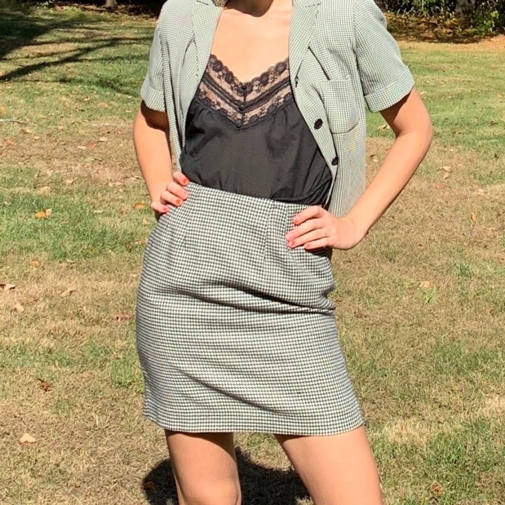 Vintage Houndstooth Print Wool High Waist Skirt